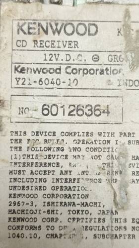 Y21-6040-10 Kenwood Cd Receiver In-dash Car Audio Unit Serial No. 60126364